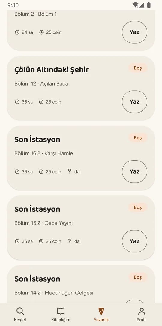 Yazarlık ekranındaki boş bölümler listesi: her kartta kitabın adı, boş bölümün numarası ve adı, kilit süresi ve yazana verilecek coin.
