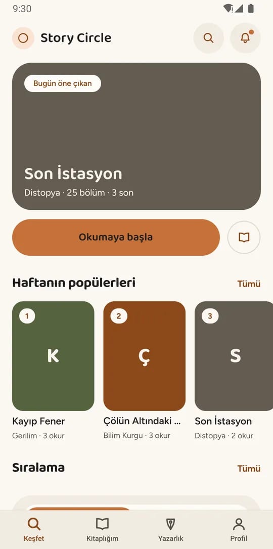 Keşfet ekranı: bugün öne çıkan kitap, okumaya başla düğmesi ve haftanın popüler kitapları.