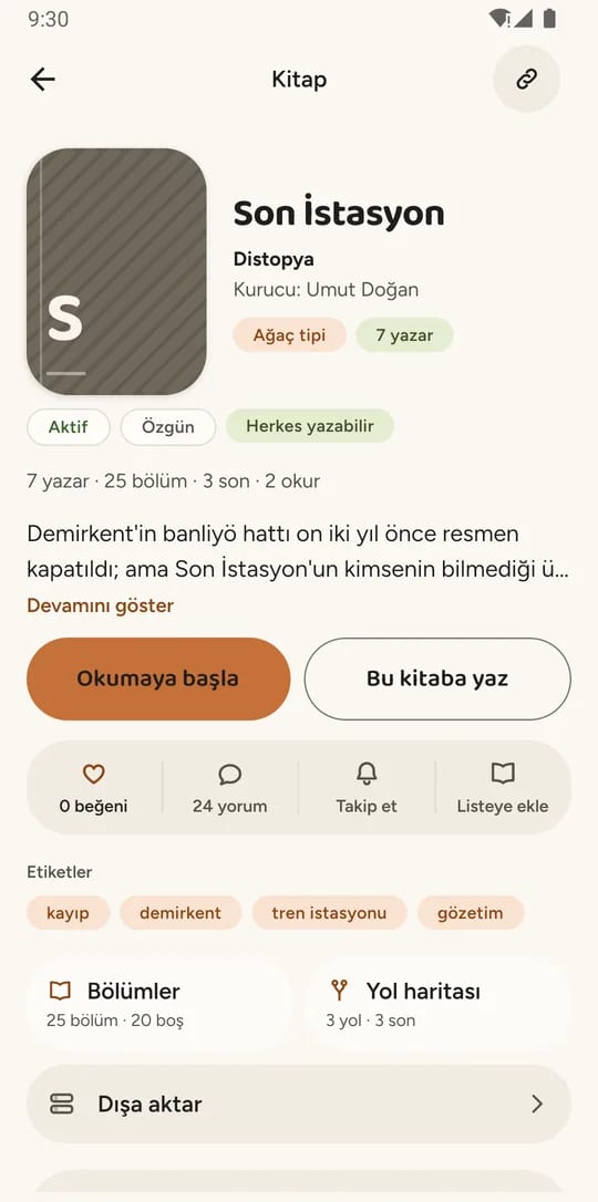 Son İstasyon kitabının künye ekranı: ağaç tipi, yedi yazar, yirmi beş bölüm, üç son ve etiketler.