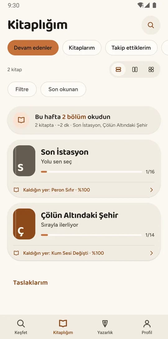 Kitaplığım ekranı: devam edilen iki kitap, okuma ilerleme çubukları ve kaldığın yer bilgisi.