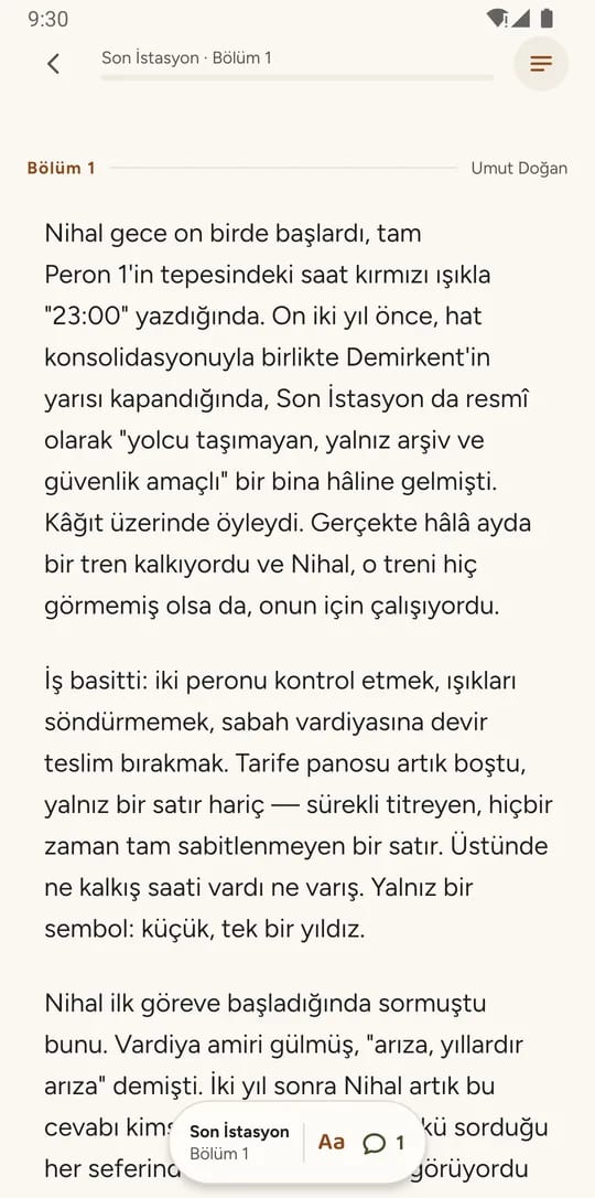 Story Circle okuma ekranı: Son İstasyon kitabının birinci bölümü, üstte bölüm adı ve yazarı Umut Doğan, altta yüzen okuma çubuğu.